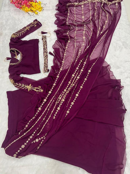 WINE CORDING  WORK SAREE