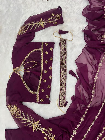 WINE CORDING  WORK SAREE