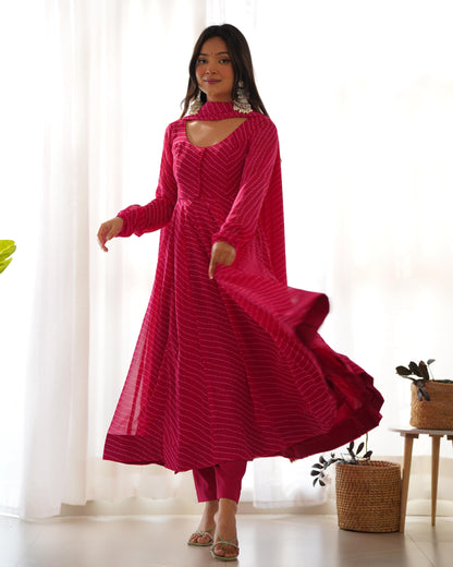 PINK COLOR LEHRIYA PRINT FAUX GEORGETTE ANARKALI 3PC KURTA SET