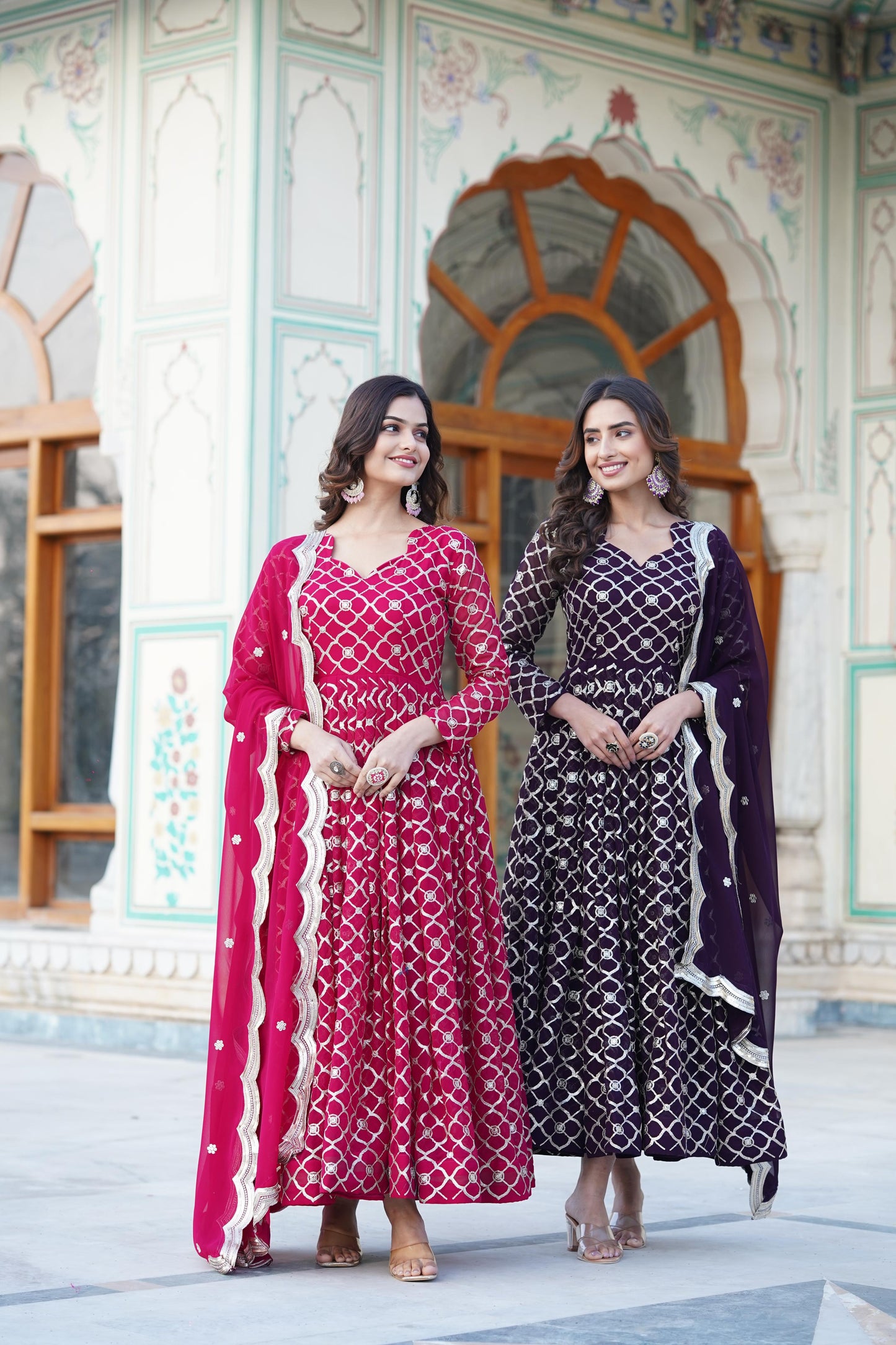 WINE COLOR ROUND CHECKS FAUX BLOOMING SEQUINS WORK ANARKALI GOWN WITH DUPPATA