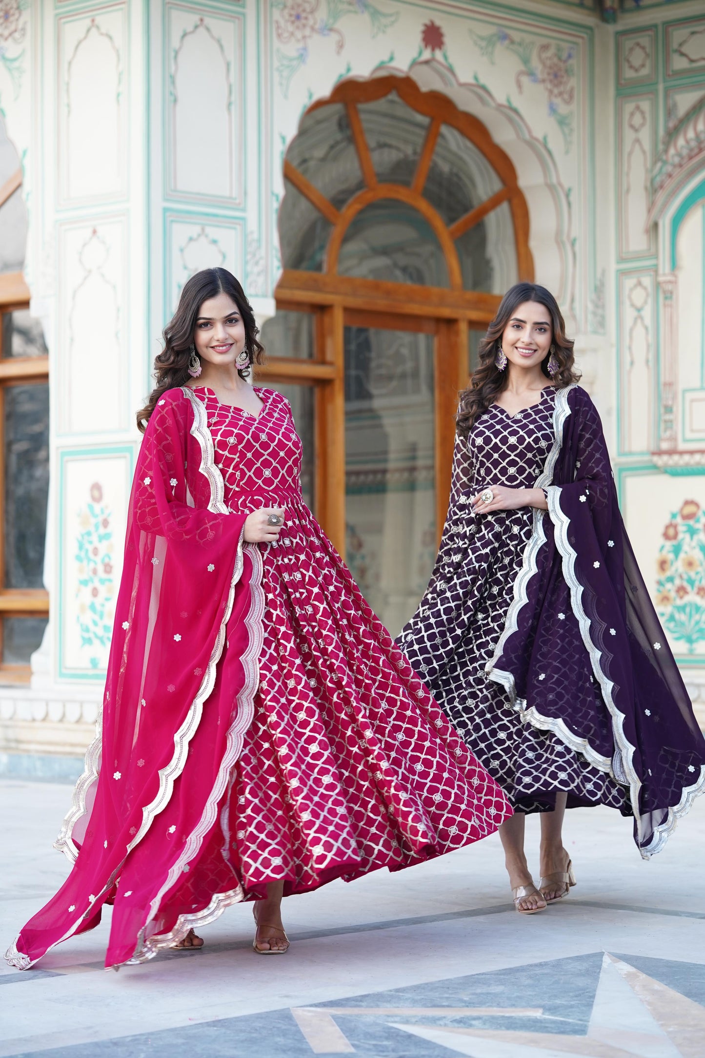 WINE COLOR ROUND CHECKS FAUX BLOOMING SEQUINS WORK ANARKALI GOWN WITH DUPPATA