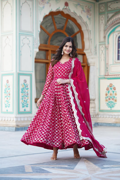 WINE COLOR ROUND CHECKS FAUX BLOOMING SEQUINS WORK ANARKALI GOWN WITH DUPPATA