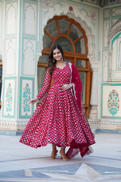 WINE COLOR ROUND CHECKS FAUX BLOOMING SEQUINS WORK ANARKALI GOWN WITH DUPPATA