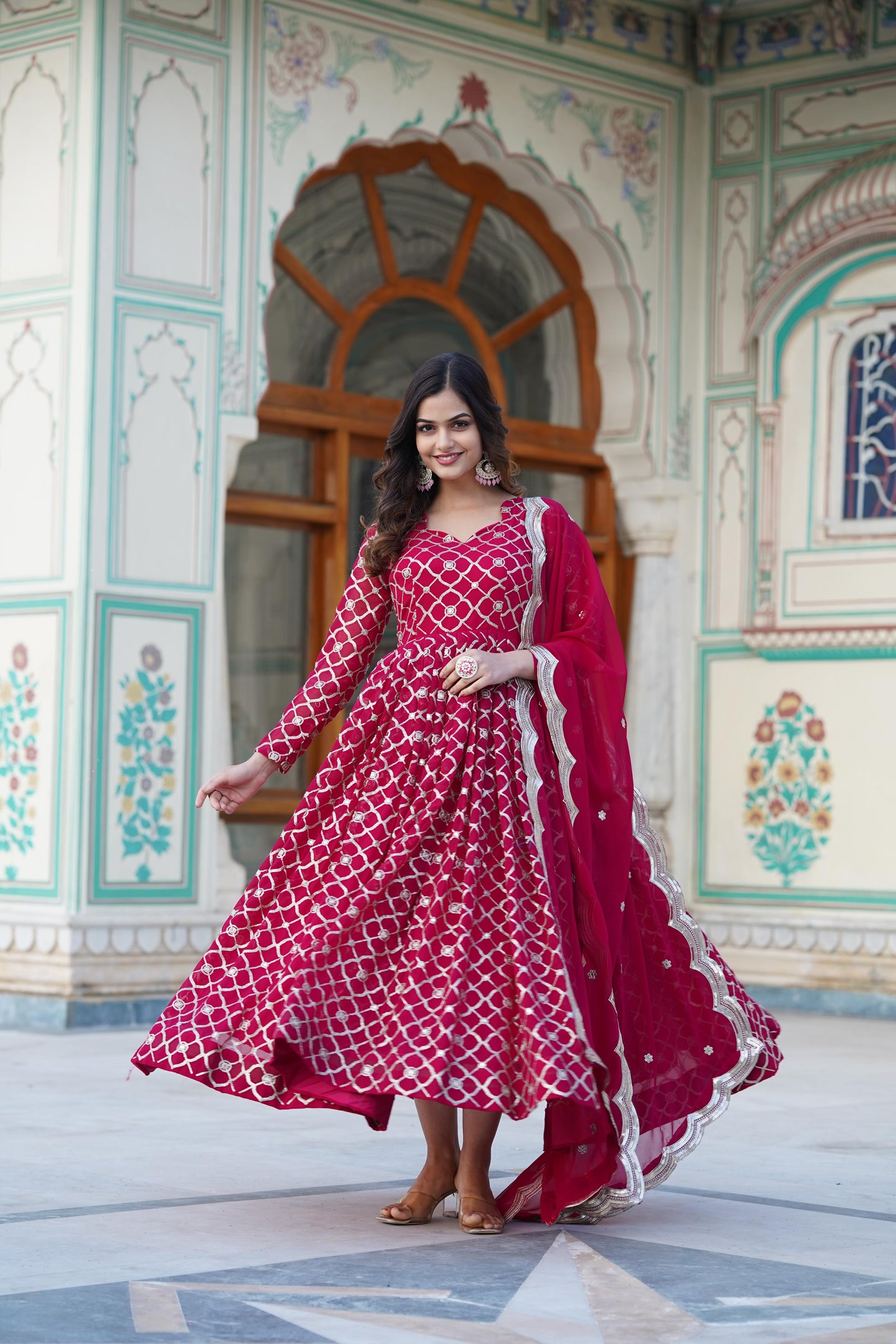 WINE COLOR ROUND CHECKS FAUX BLOOMING SEQUINS WORK ANARKALI GOWN WITH DUPPATA