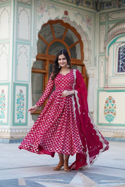 WINE COLOR ROUND CHECKS FAUX BLOOMING SEQUINS WORK ANARKALI GOWN WITH DUPPATA