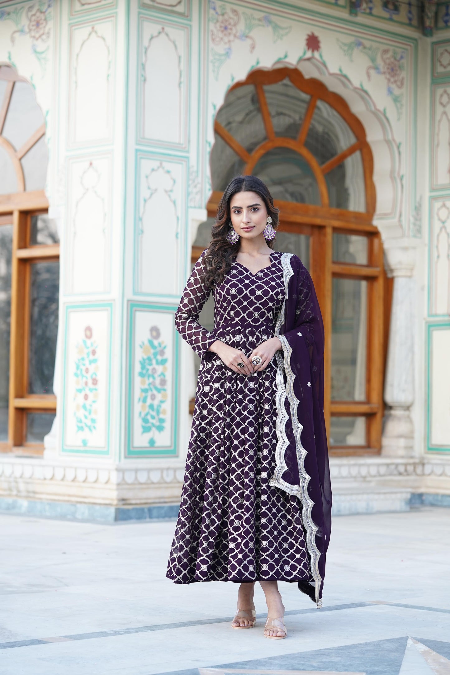 WINE COLOR ROUND CHECKS FAUX BLOOMING SEQUINS WORK ANARKALI GOWN WITH DUPPATA