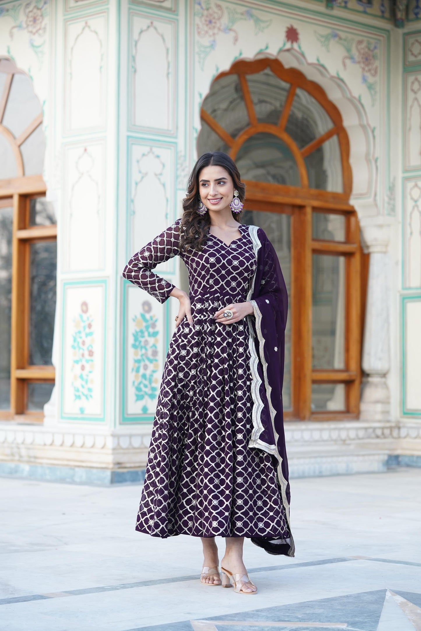 WINE COLOR ROUND CHECKS FAUX BLOOMING SEQUINS WORK ANARKALI GOWN WITH DUPPATA