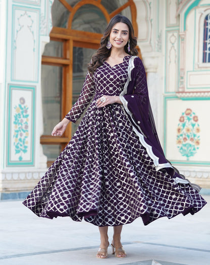 WINE COLOR ROUND CHECKS FAUX BLOOMING SEQUINS WORK ANARKALI GOWN WITH DUPPATA