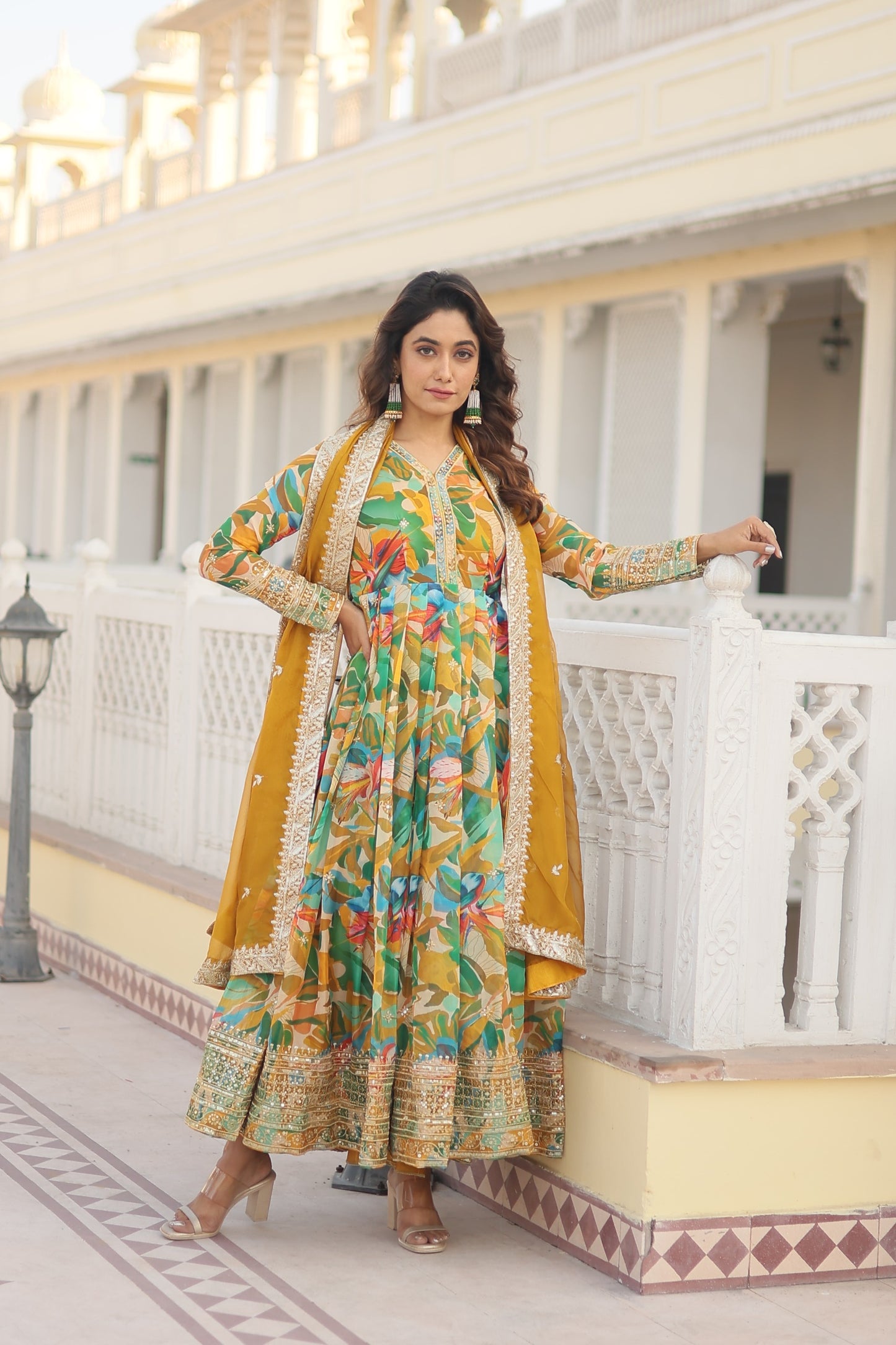 TURMERIC YELLOW COLOR DIGITAL PRINTED RUSSIAN SILK ANARKALI GOWN WITH DUPATTA