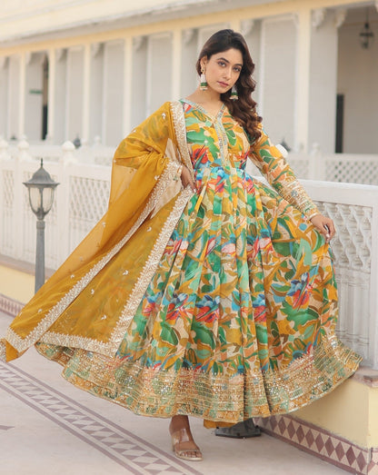 TURMERIC YELLOW COLOR DIGITAL PRINTED RUSSIAN SILK ANARKALI GOWN WITH DUPATTA