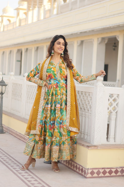 TURMERIC YELLOW COLOR DIGITAL PRINTED RUSSIAN SILK ANARKALI GOWN WITH DUPATTA