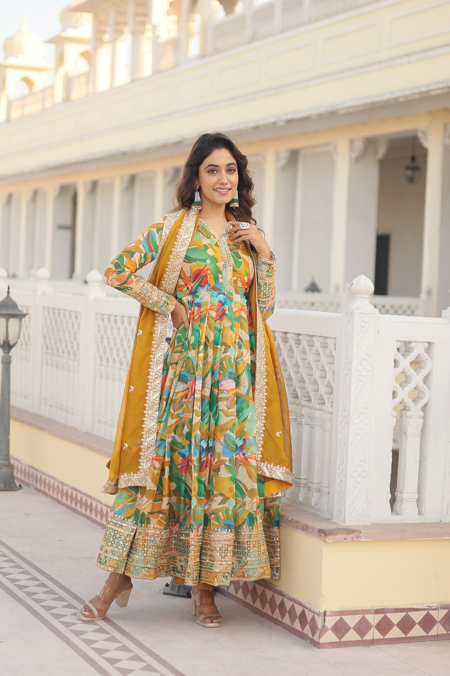 TURMERIC YELLOW COLOR DIGITAL PRINTED RUSSIAN SILK ANARKALI GOWN WITH DUPATTA