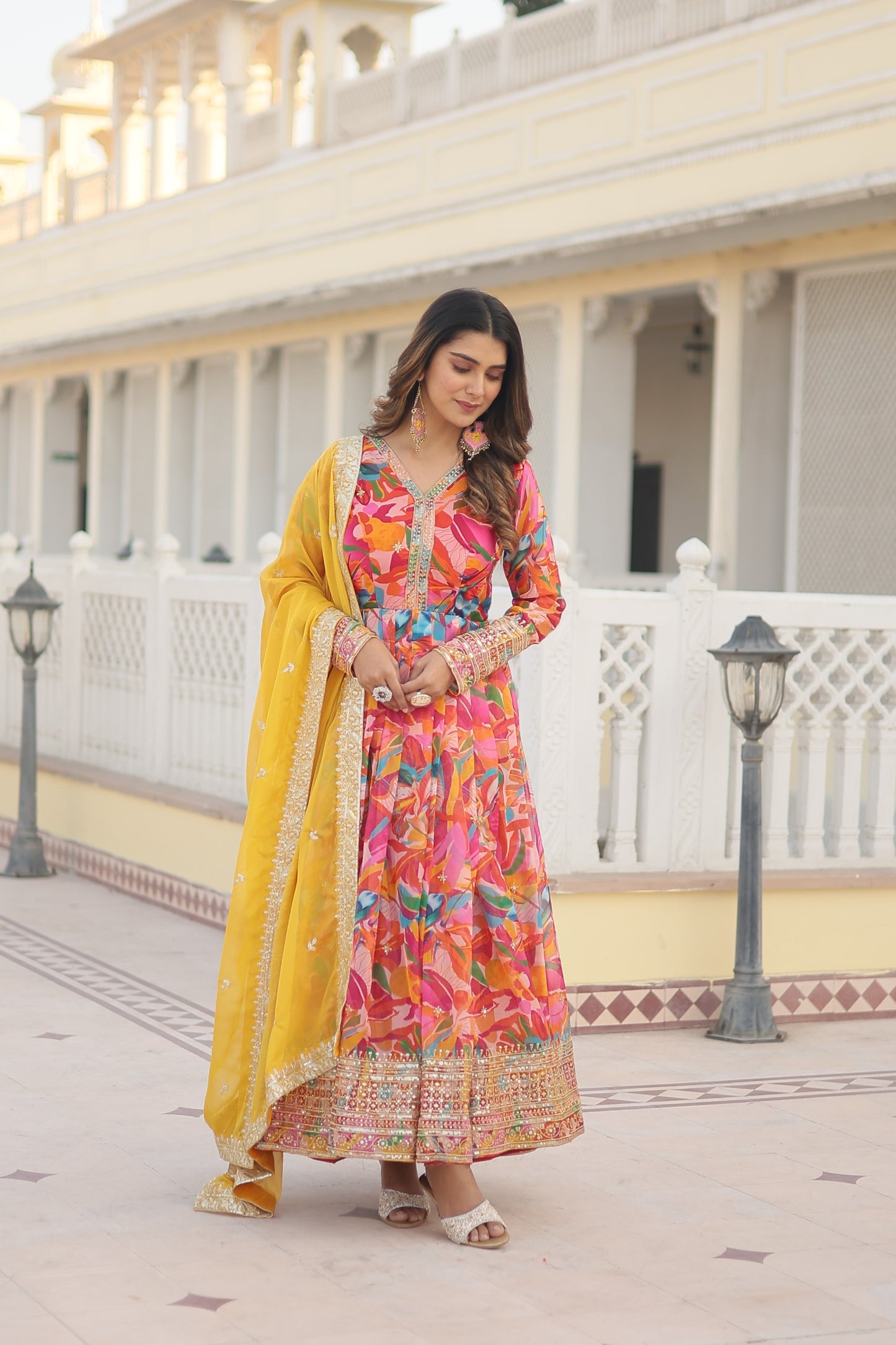 TURMERIC YELLOW COLOR DIGITAL PRINTED RUSSIAN SILK ANARKALI GOWN WITH DUPATTA