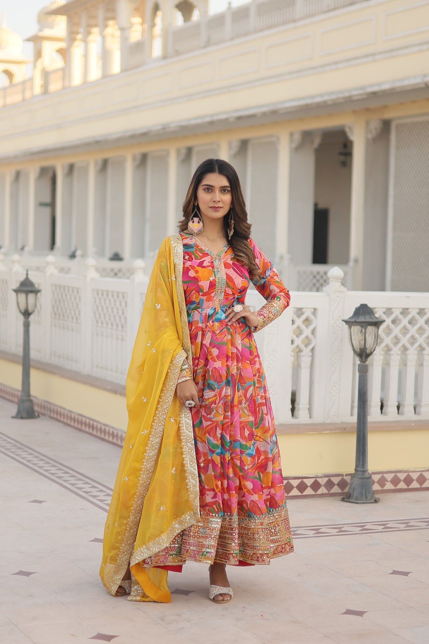 TURMERIC YELLOW COLOR DIGITAL PRINTED RUSSIAN SILK ANARKALI GOWN WITH DUPATTA