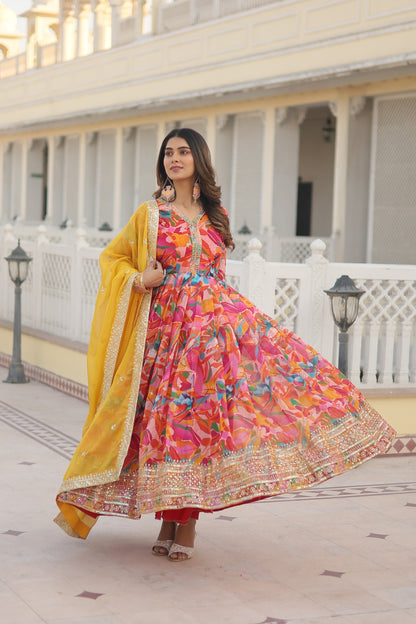 TURMERIC YELLOW COLOR DIGITAL PRINTED RUSSIAN SILK ANARKALI GOWN WITH DUPATTA