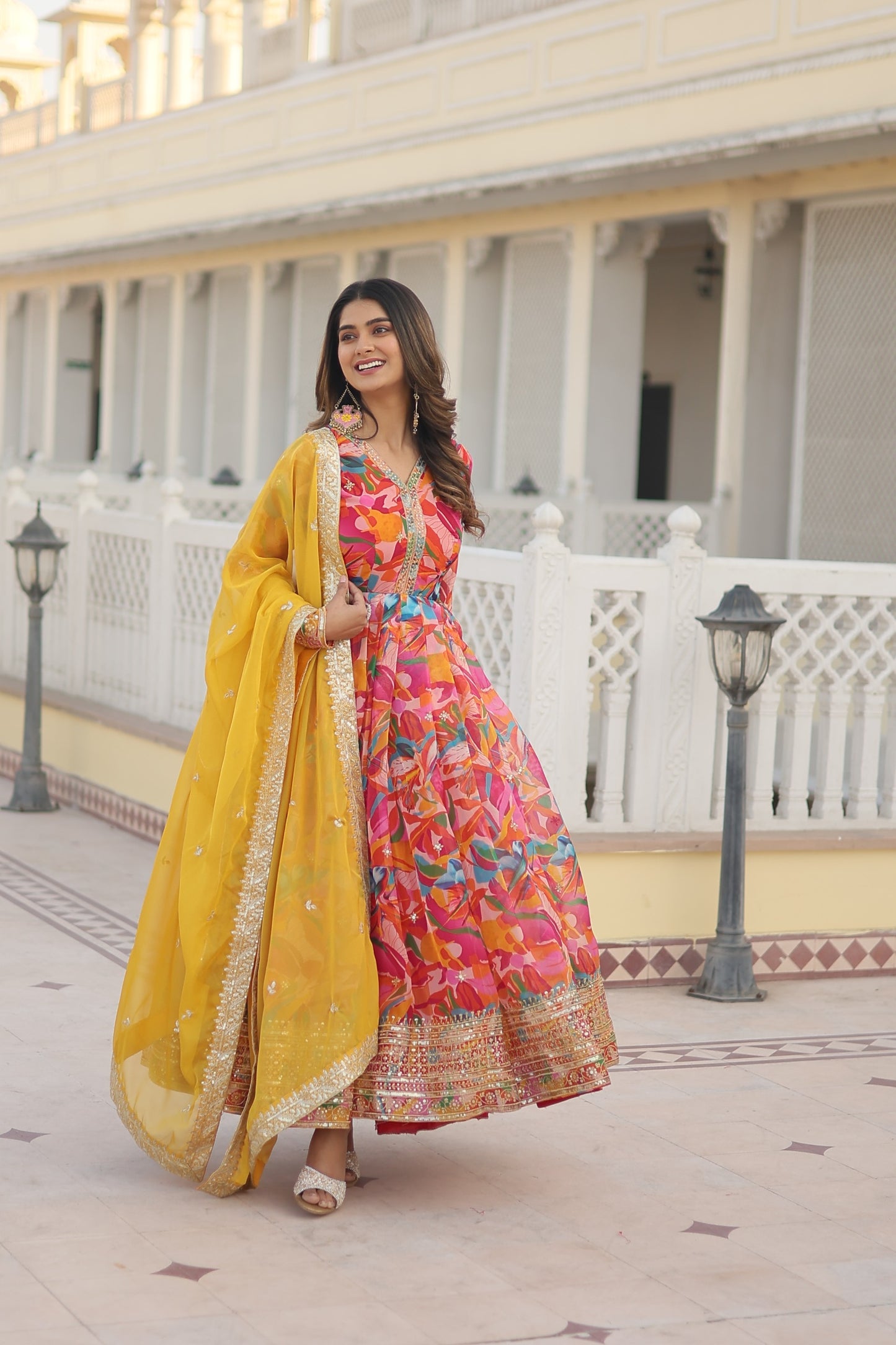 TURMERIC YELLOW COLOR DIGITAL PRINTED RUSSIAN SILK ANARKALI GOWN WITH DUPATTA