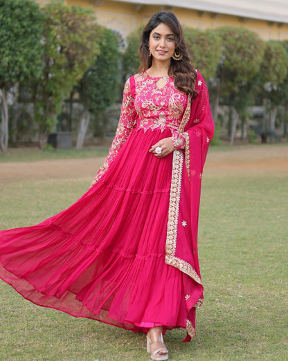 HOT PINK FAUX GEORGETTE RICH FLORAL POSITION PRINT ANARKALI GOWN WITH DUPATTA