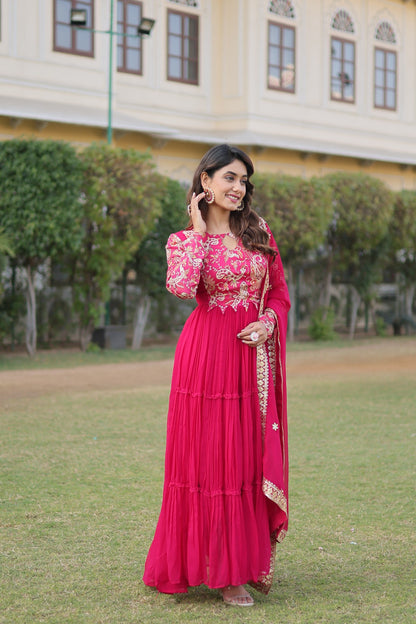 HOT PINK FAUX GEORGETTE RICH FLORAL POSITION PRINT ANARKALI GOWN WITH DUPATTA