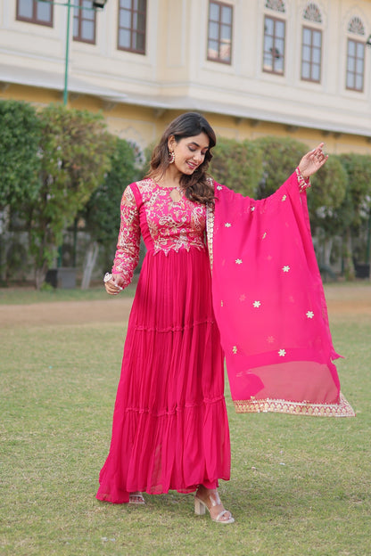 HOT PINK FAUX GEORGETTE RICH FLORAL POSITION PRINT ANARKALI GOWN WITH DUPATTA