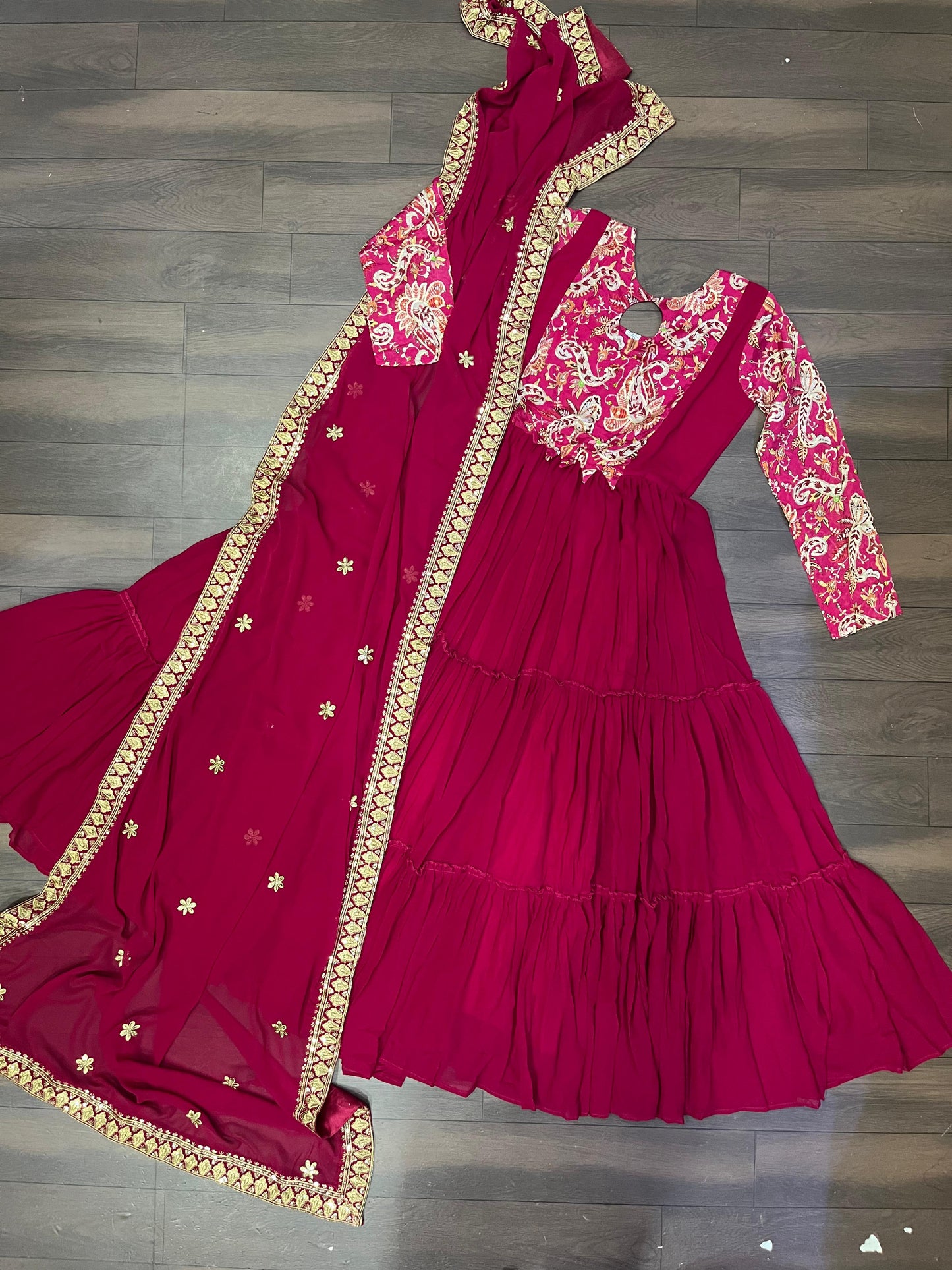 HOT PINK FAUX GEORGETTE RICH FLORAL POSITION PRINT ANARKALI GOWN WITH DUPATTA