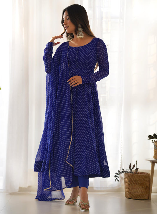 BLUE  LEHRIYA ANARKALI 3PC KURTA SET