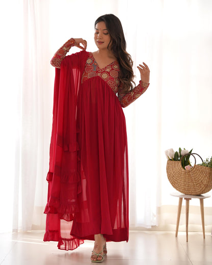 RUBY RED HEAVY PURE  FAUX GEORGETTE  NAIRA-ALIA CUT ANARKALI 3PC KURTA SET