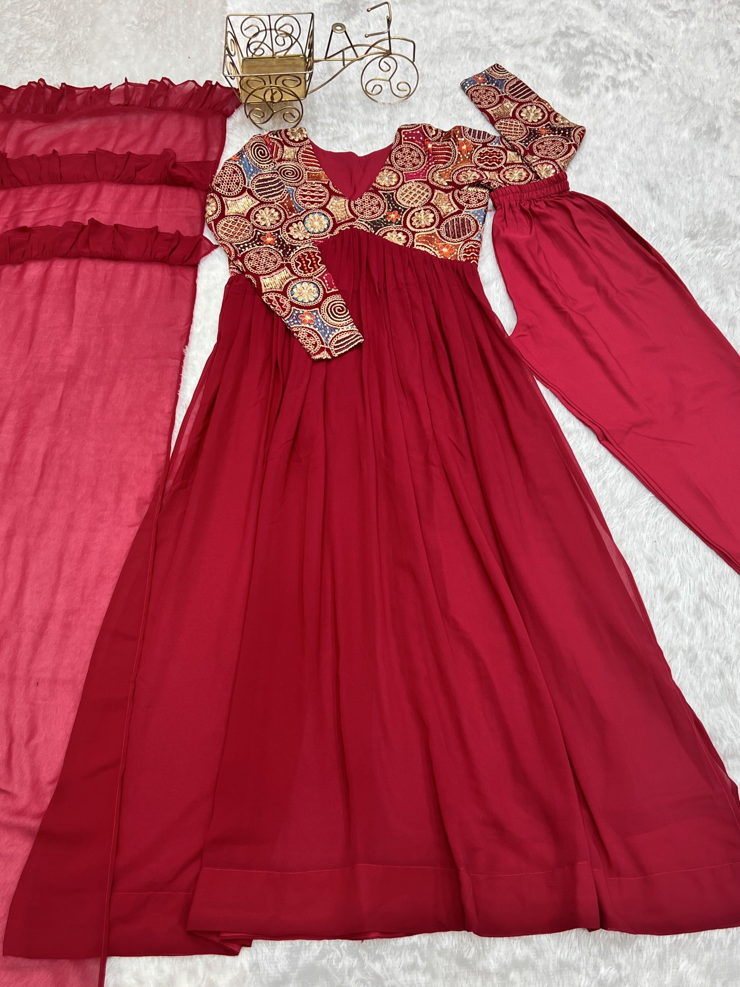 RUBY RED HEAVY PURE  FAUX GEORGETTE  NAIRA-ALIA CUT ANARKALI 3PC KURTA SET