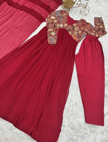 RUBY RED HEAVY PURE  FAUX GEORGETTE  NAIRA-ALIA CUT ANARKALI 3PC KURTA SET