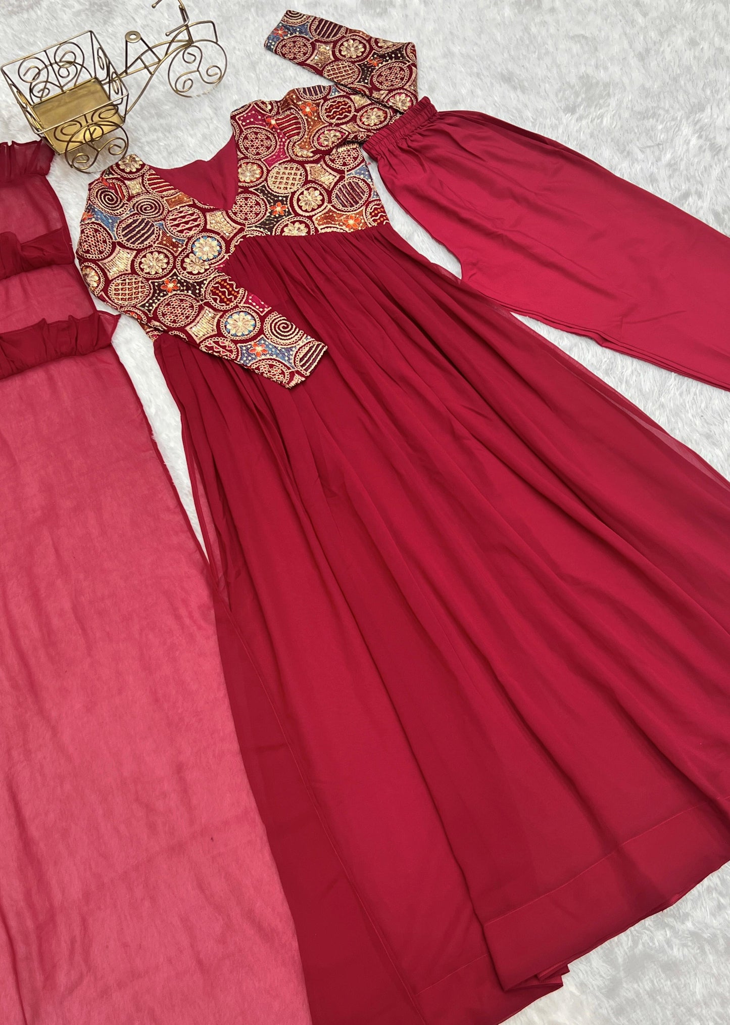 RUBY RED HEAVY PURE  FAUX GEORGETTE  NAIRA-ALIA CUT ANARKALI 3PC KURTA SET