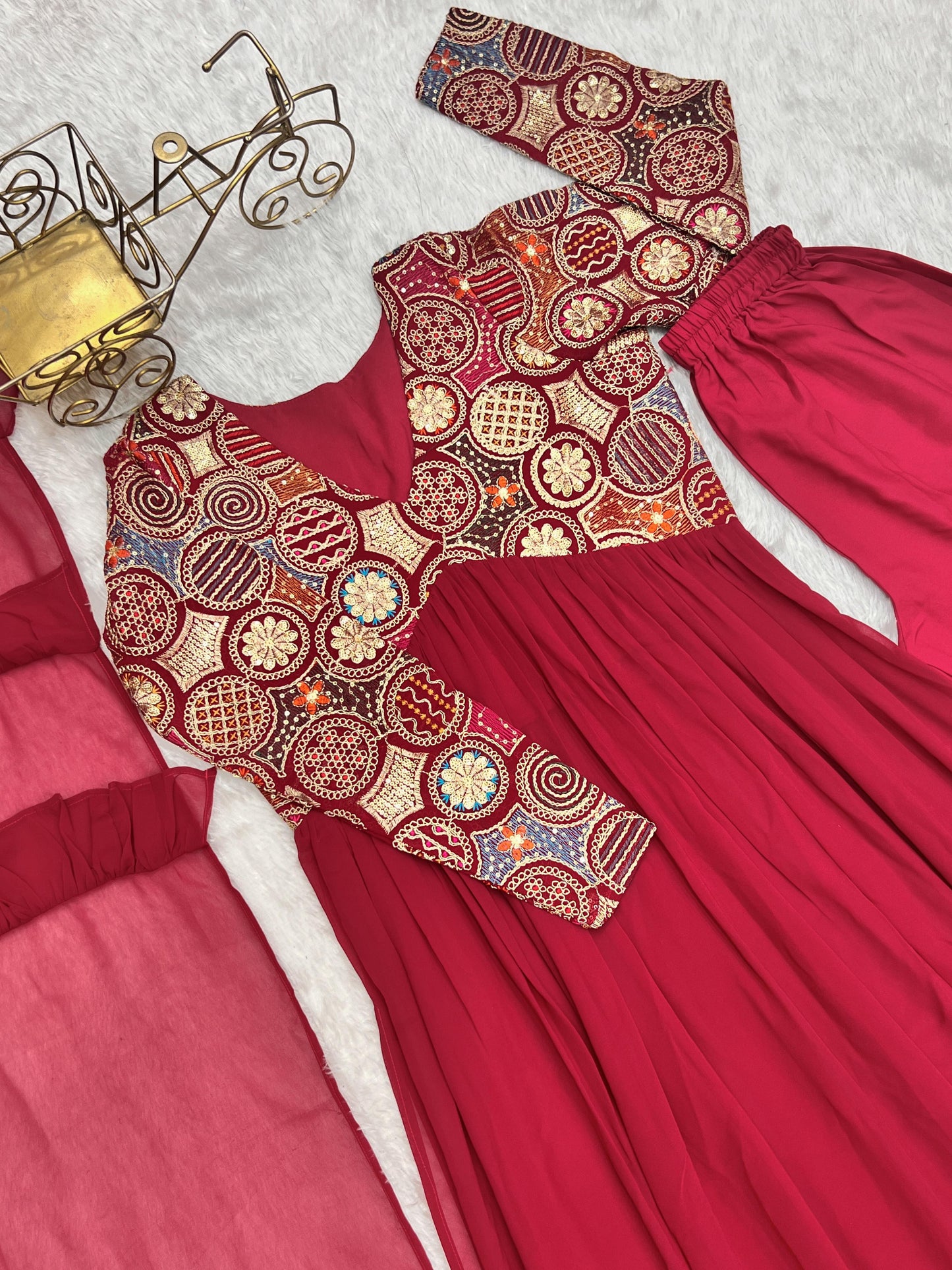 RUBY RED HEAVY PURE  FAUX GEORGETTE  NAIRA-ALIA CUT ANARKALI 3PC KURTA SET