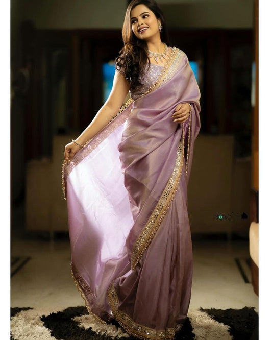 DESIGNER LIGHT PURPLE TISSUE SILK REAL HAND MIRROR WORK SAREE