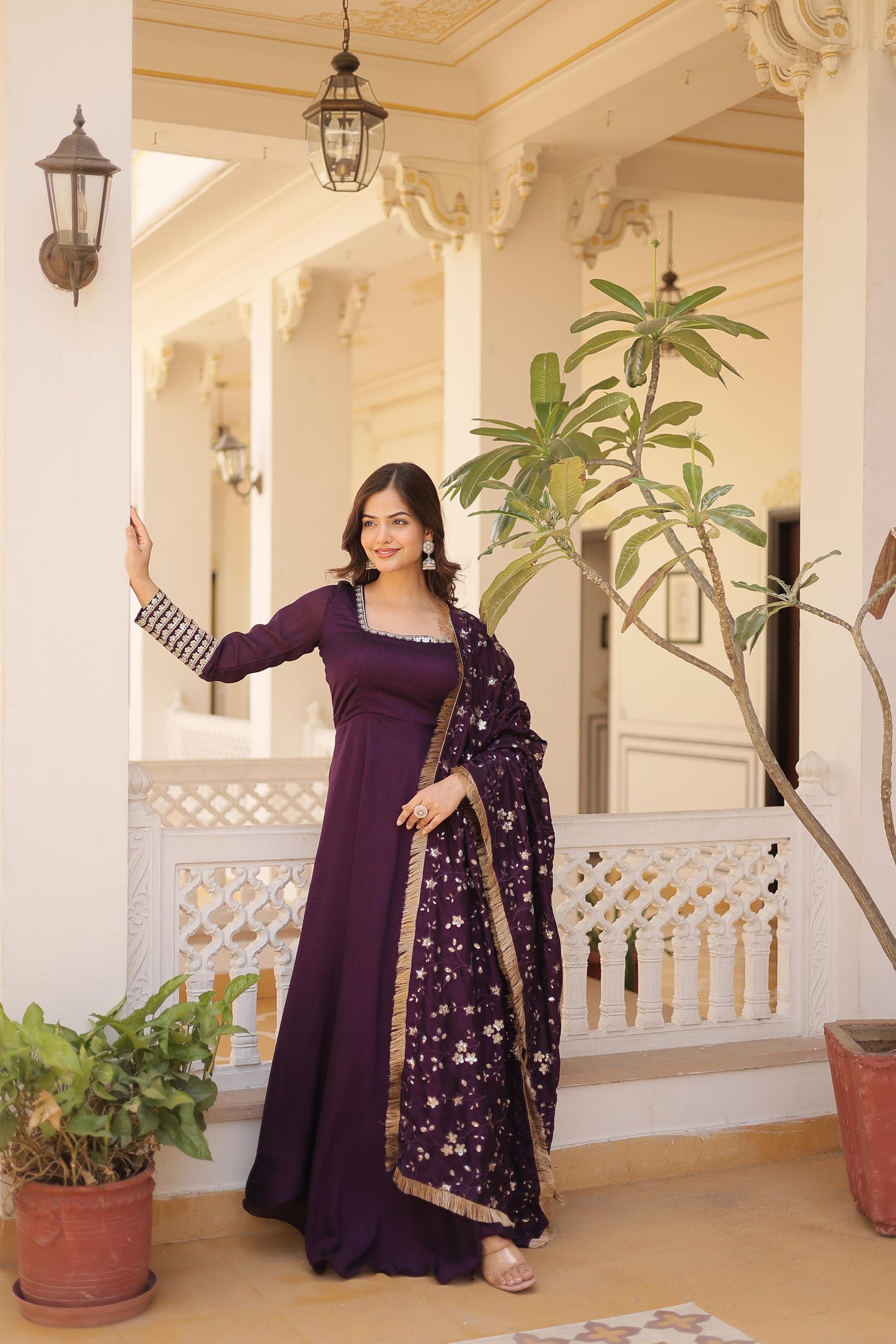 GLORIOUS DIVA MAGENTA COLOR  VICHITRA SILK ANARKALI GOWN WITH DUPATTA