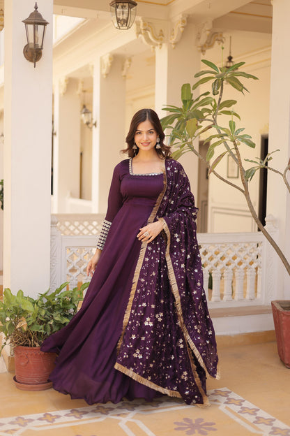 GLORIOUS DIVA MAGENTA COLOR  VICHITRA SILK ANARKALI GOWN WITH DUPATTA