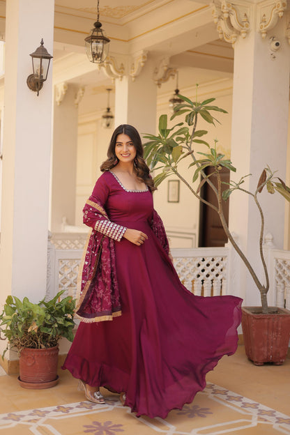 GLORIOUS DIVA MAGENTA COLOR  VICHITRA SILK ANARKALI GOWN WITH DUPATTA