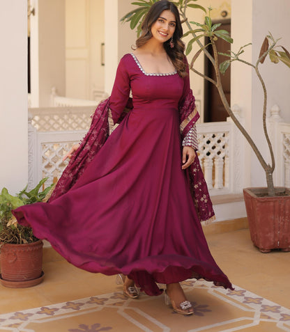 GLORIOUS DIVA MAGENTA COLOR  VICHITRA SILK ANARKALI GOWN WITH DUPATTA