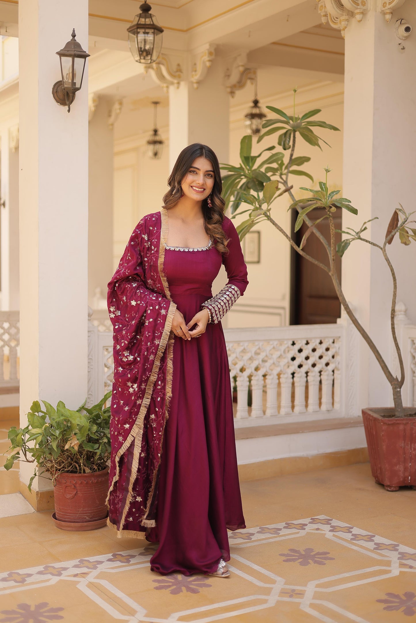 GLORIOUS DIVA MAGENTA COLOR  VICHITRA SILK ANARKALI GOWN WITH DUPATTA