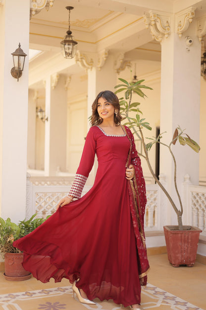 GLORIOUS DIVA MAGENTA COLOR  VICHITRA SILK ANARKALI GOWN WITH DUPATTA