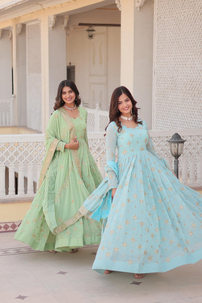 PISTA COLOR DESIGNER FAUX GEORGETTE WITH ZARI WORK GOWN WITH DUPATTA