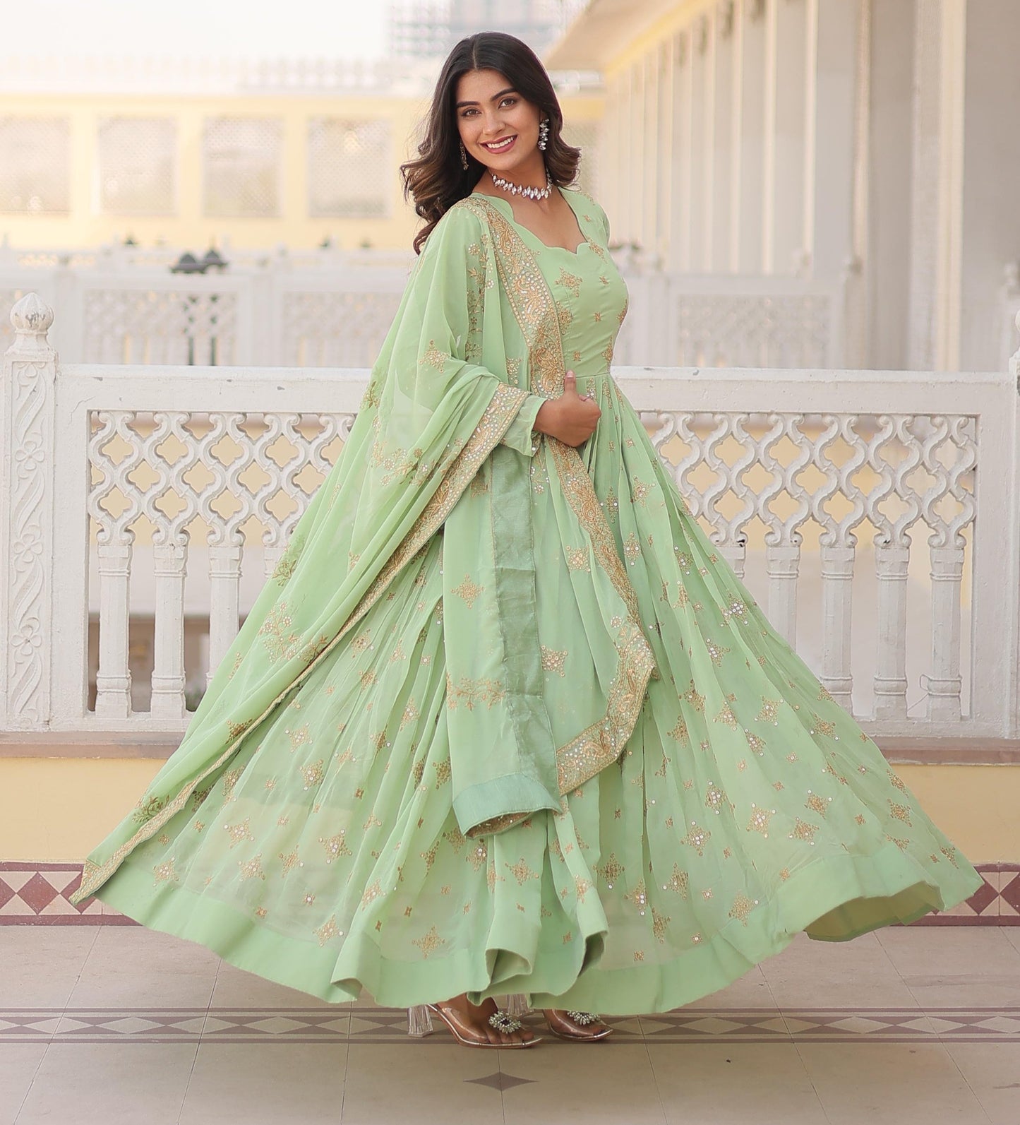 PISTA COLOR DESIGNER FAUX GEORGETTE WITH ZARI WORK GOWN WITH DUPATTA