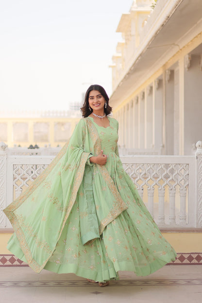 PISTA COLOR DESIGNER FAUX GEORGETTE WITH ZARI WORK GOWN WITH DUPATTA