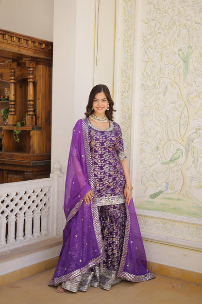 VISCOSE JACQUARD WITH SEQUINS ZARI WORK 3PC GHARARASUIT