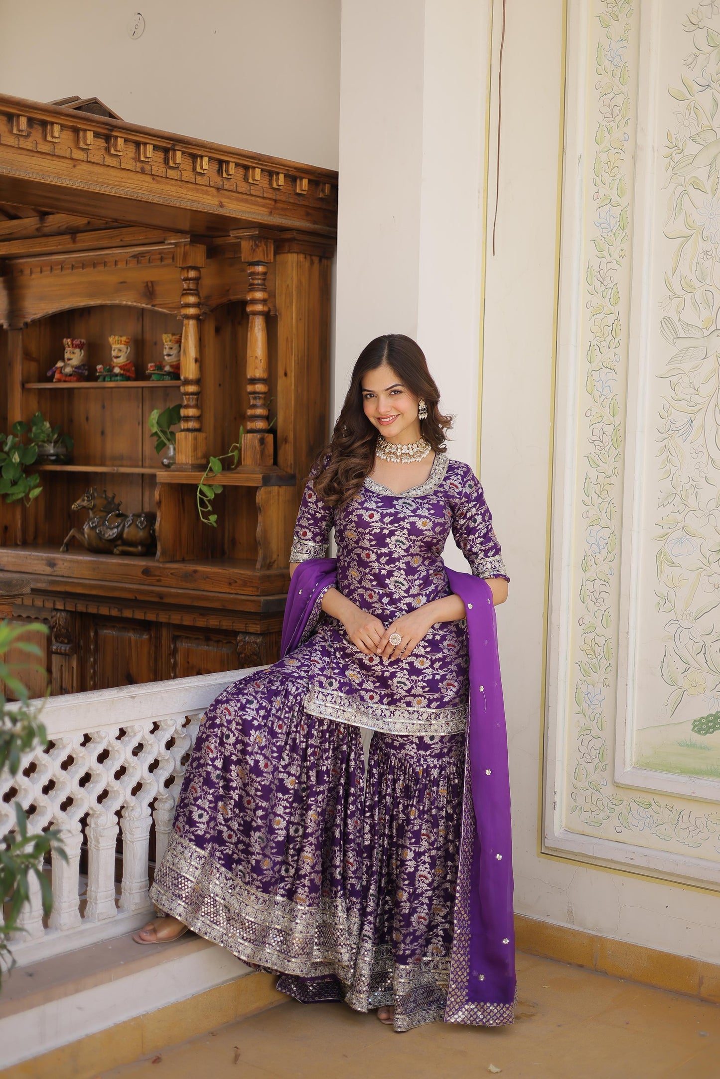 VISCOSE JACQUARD WITH SEQUINS ZARI WORK 3PC GHARARASUIT