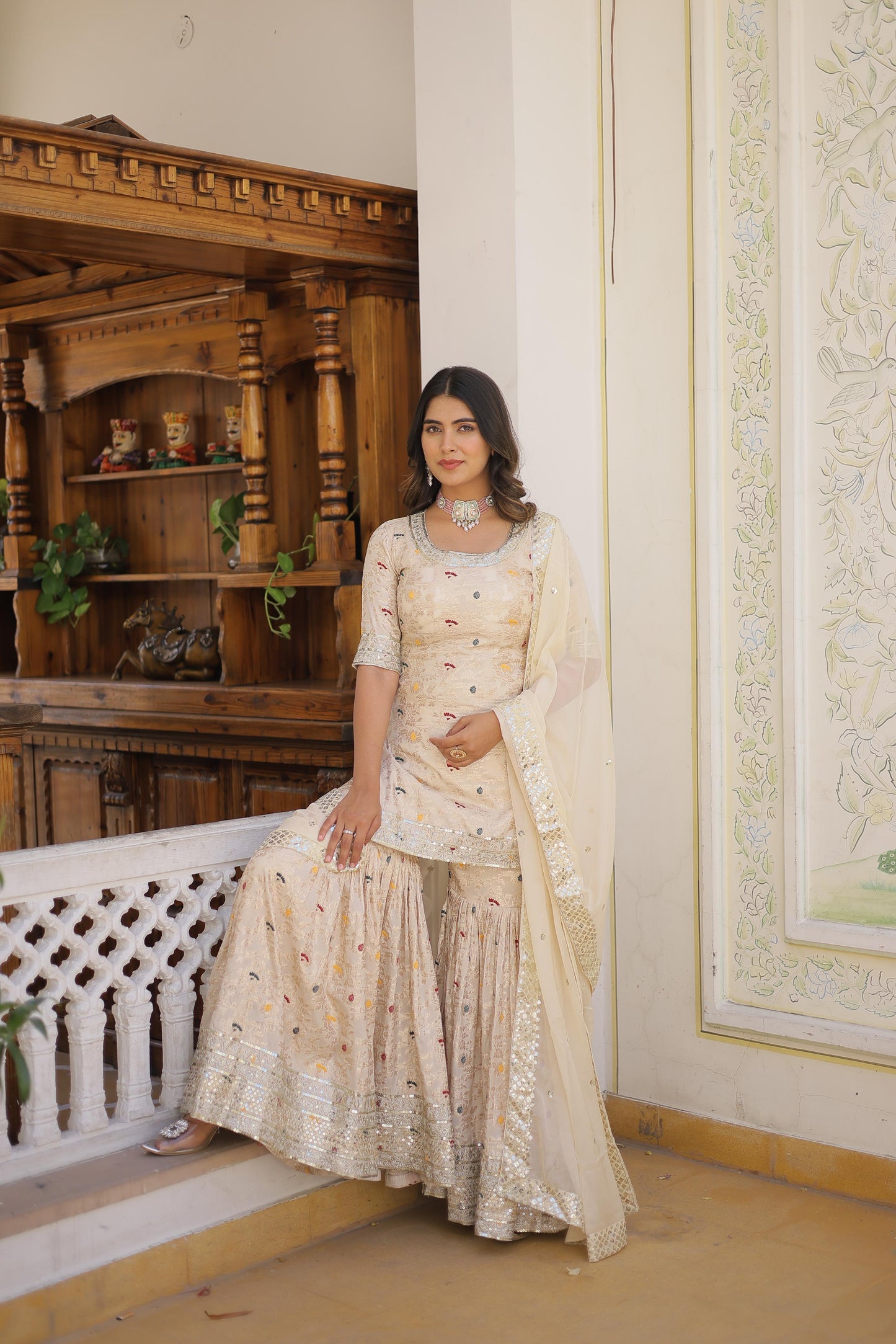 VISCOSE JACQUARD WITH SEQUINS ZARI WORK 3PC GHARARASUIT