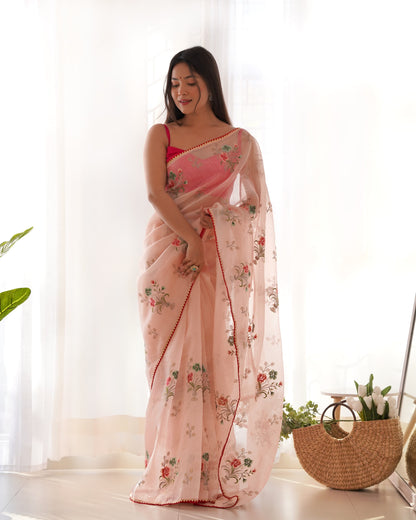 SALMON  PINK KHADI ORGANJA SILK  MULTI COLOR THREAD WORK SAREE