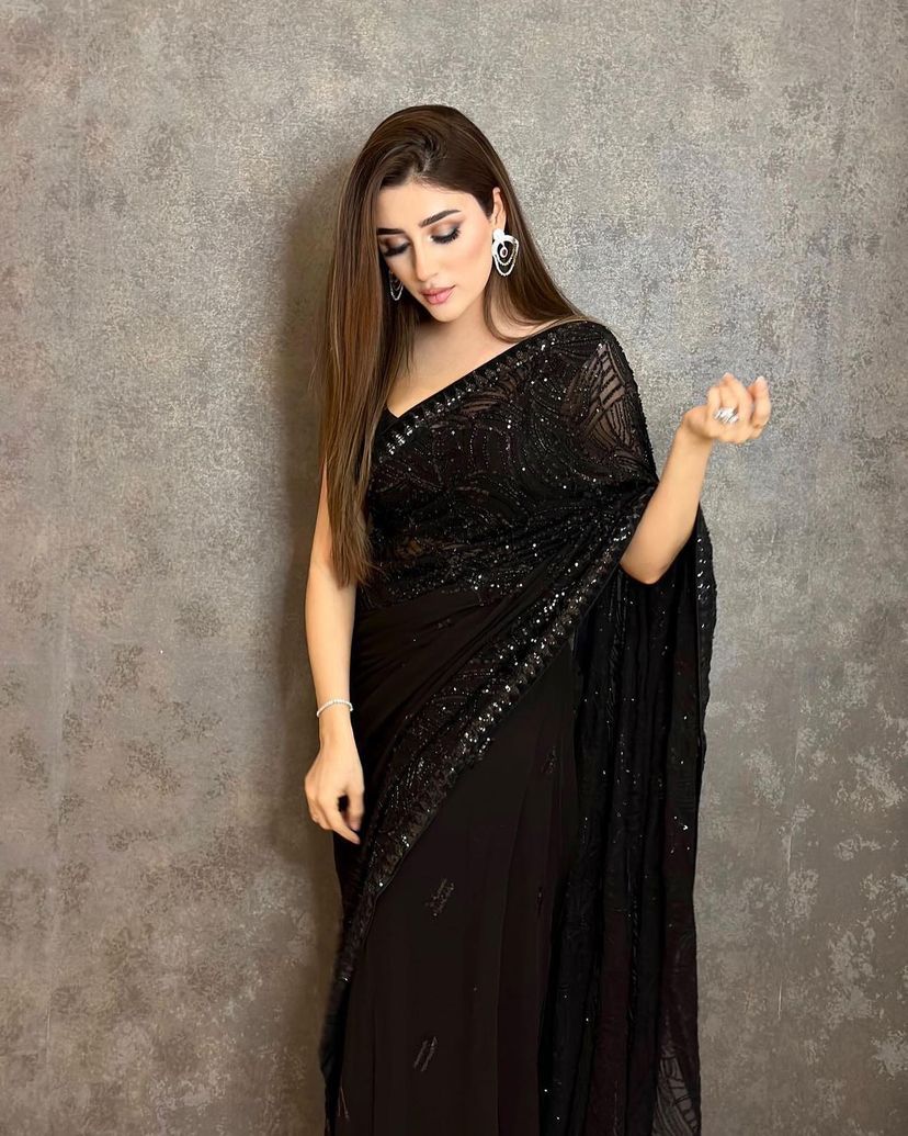 CELEBRITY DESIGNER BLACK HEAVY GEORGETTE  SAREE