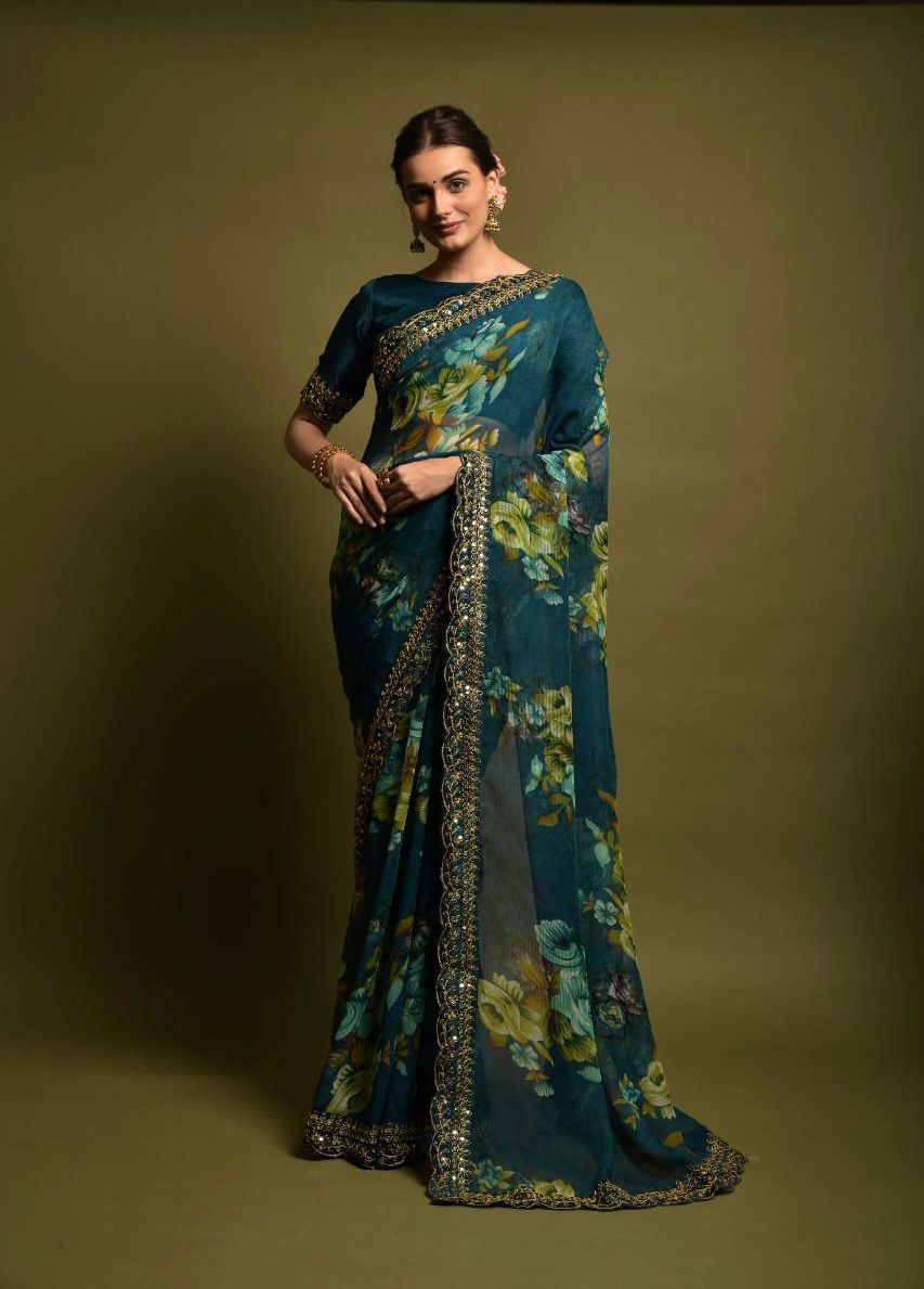 GAJARI COLOR HEAVY SOFT CHIFFON FLORAL PRINT SAREE