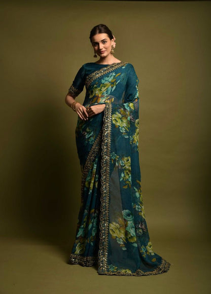 GAJARI COLOR HEAVY SOFT CHIFFON FLORAL PRINT SAREE