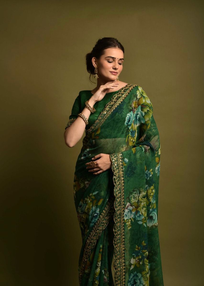 GAJARI COLOR HEAVY SOFT CHIFFON FLORAL PRINT SAREE