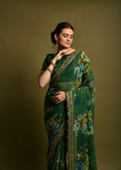 GAJARI COLOR HEAVY SOFT CHIFFON FLORAL PRINT SAREE