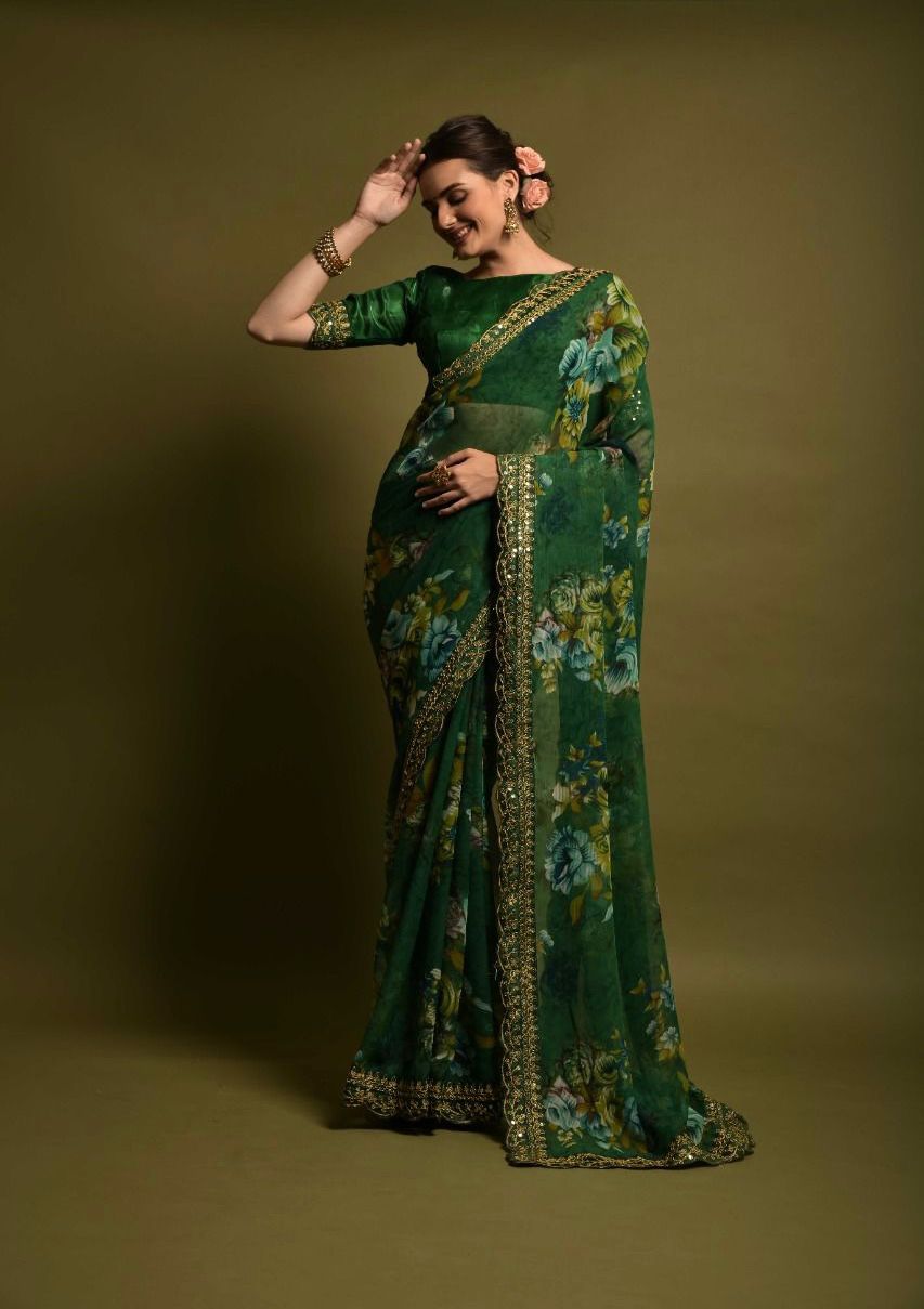 GAJARI COLOR HEAVY SOFT CHIFFON FLORAL PRINT SAREE